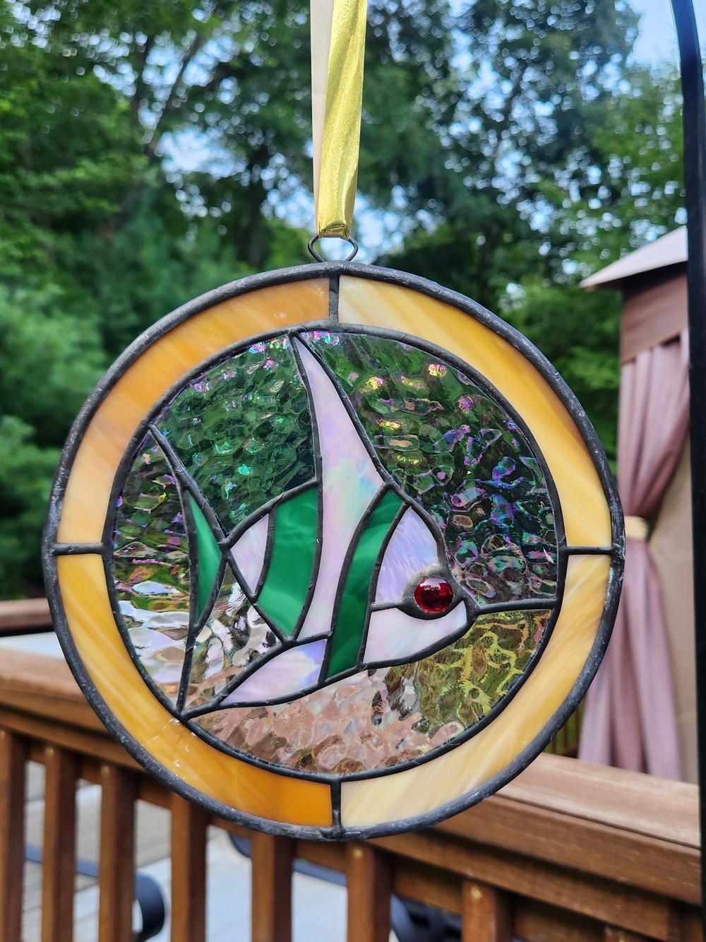 Handcrafted Stained Glass Tropical Fish Suncatcher 7.5" In Diameter